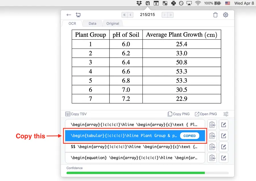 Copy the tabular format to use in Overleaf