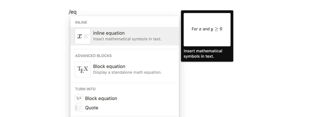 Select the Inline equation option from the command list