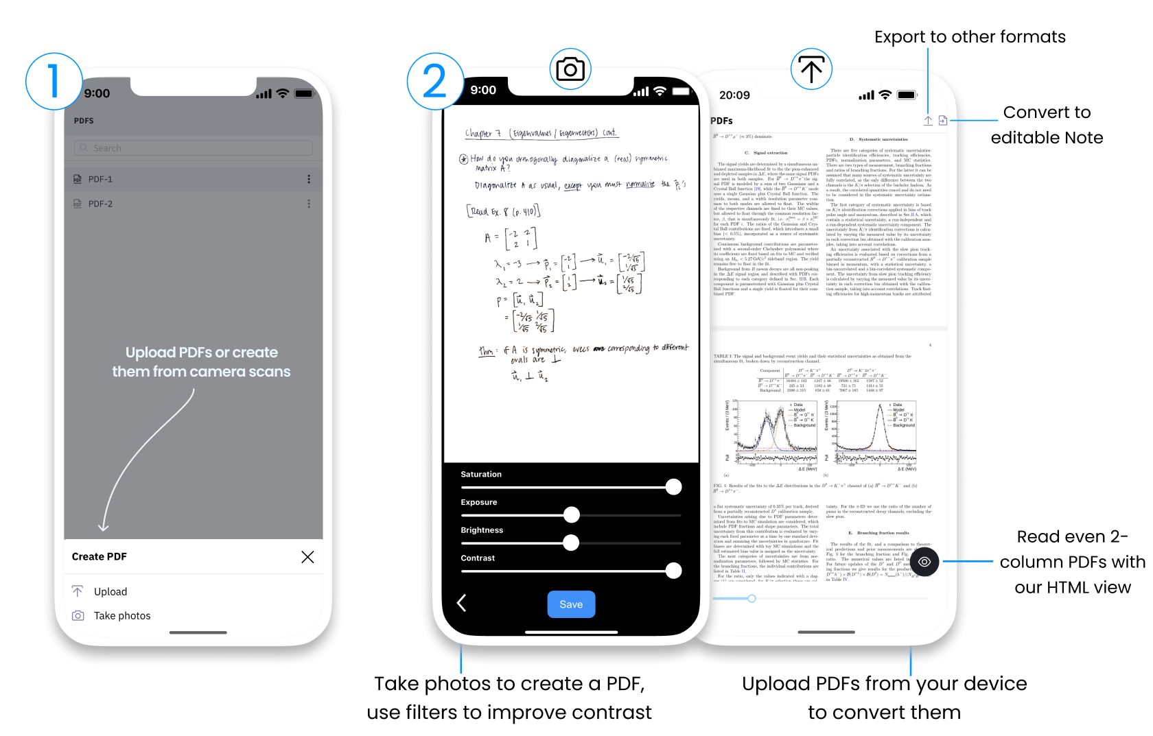 Create PDFs from camera scans or upload from your device